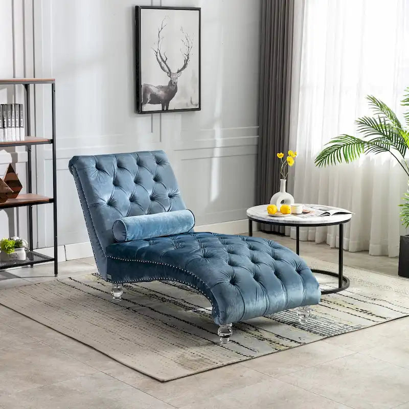 Chaise longue inclinable en velours capitonnée avec oreiller et pieds en acrylique