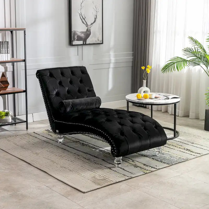 Chaise longue inclinable en velours capitonnée avec oreiller et pieds en acrylique