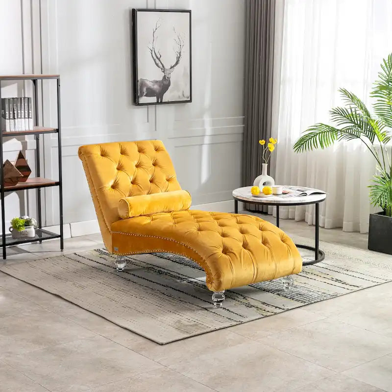 Chaise longue inclinable en velours capitonnée avec oreiller et pieds en acrylique