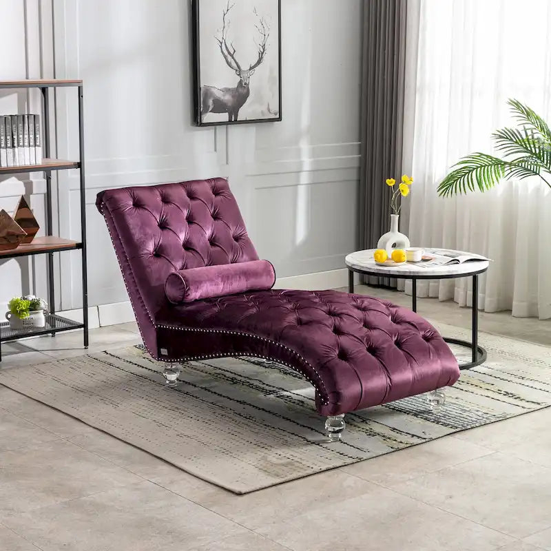 Chaise longue inclinable en velours capitonnée avec oreiller et pieds en acrylique