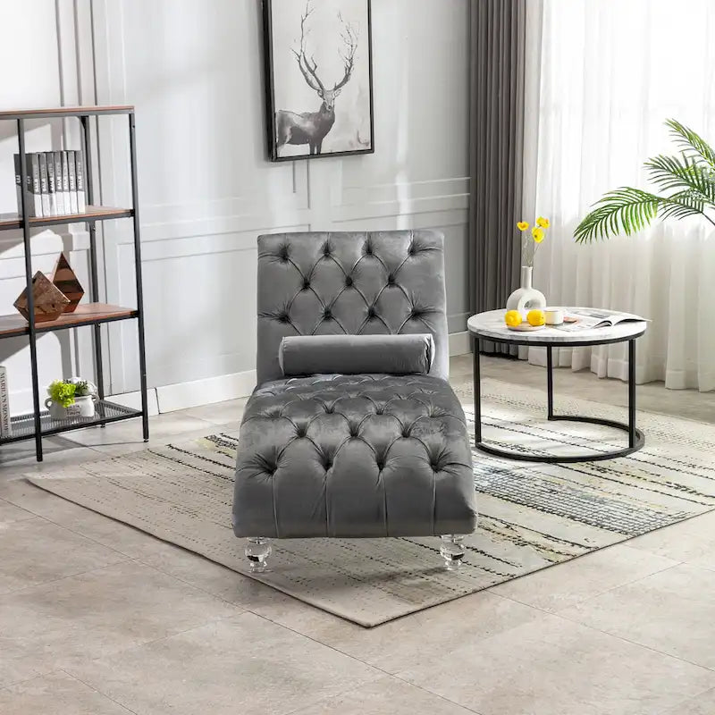 Chaise longue inclinable en velours capitonnée avec oreiller et pieds en acrylique