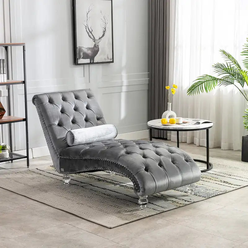 Chaise longue inclinable en velours capitonnée avec oreiller et pieds en acrylique
