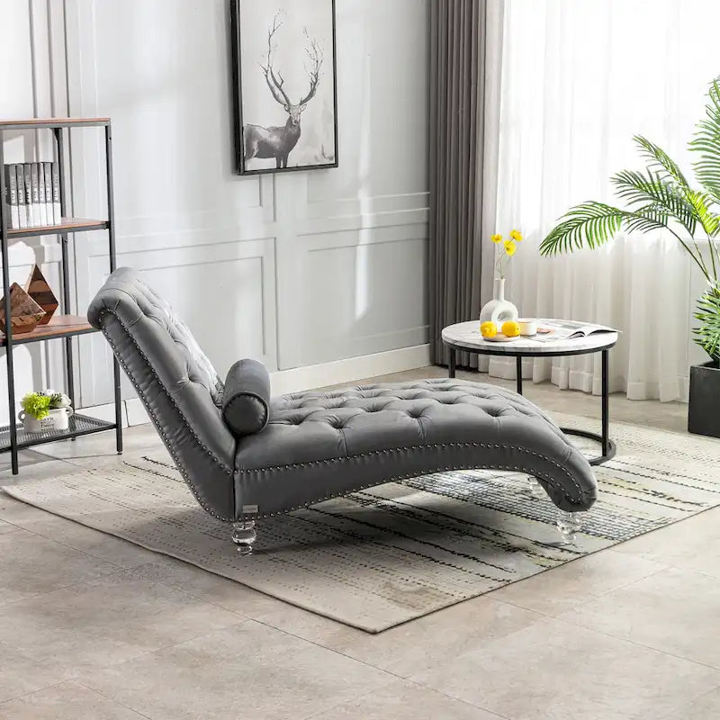 Chaise longue inclinable en velours capitonnée avec oreiller et pieds en acrylique