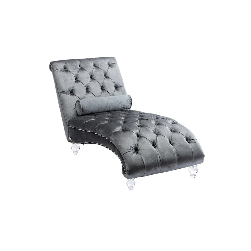 Chaise longue inclinable en velours capitonnée avec oreiller et pieds en acrylique