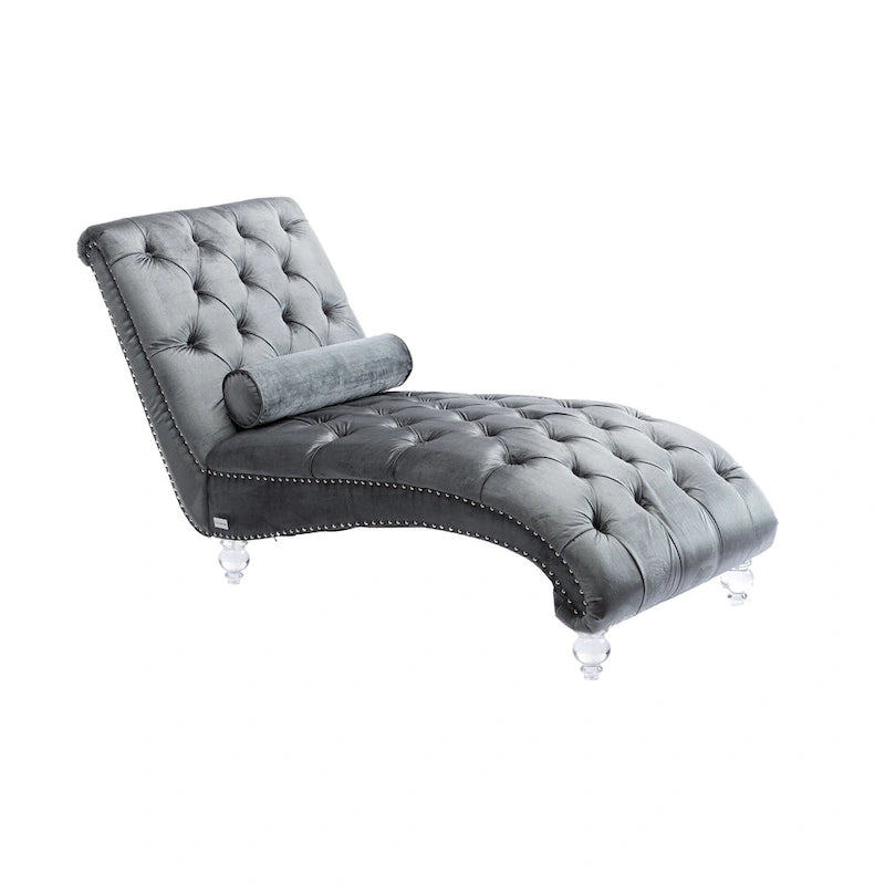 Chaise longue inclinable en velours capitonnée avec oreiller et pieds en acrylique