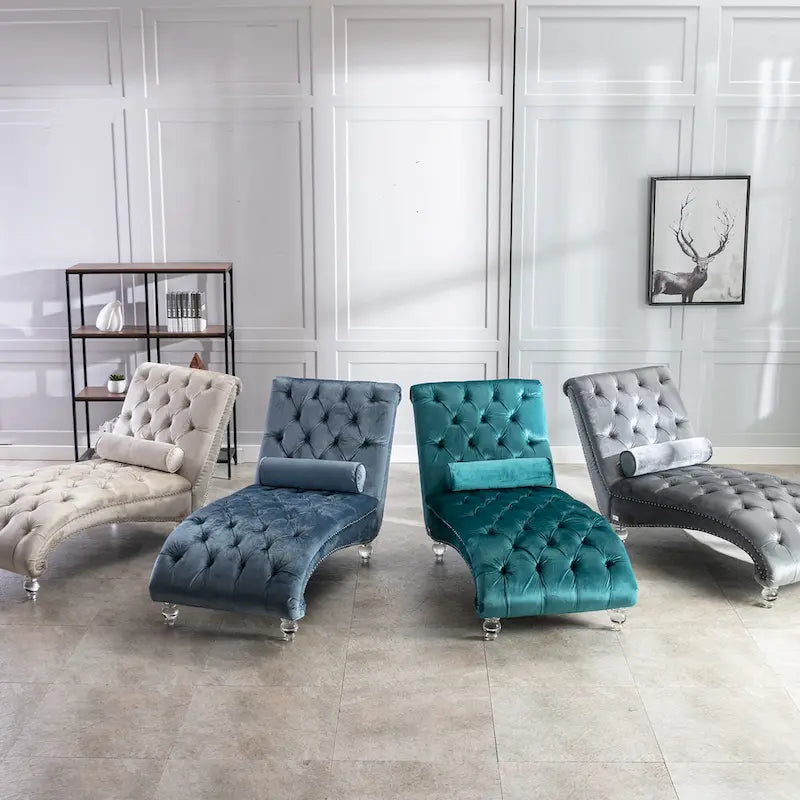 Chaise longue inclinable en velours capitonnée avec oreiller et pieds en acrylique