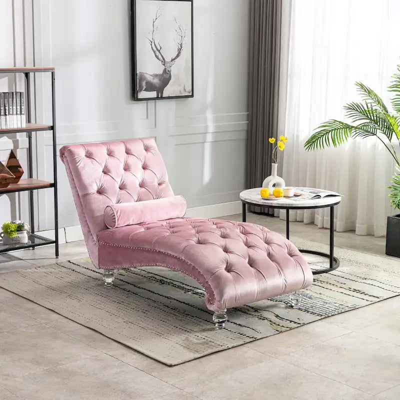 Chaise longue inclinable en velours capitonnée avec oreiller et pieds en acrylique