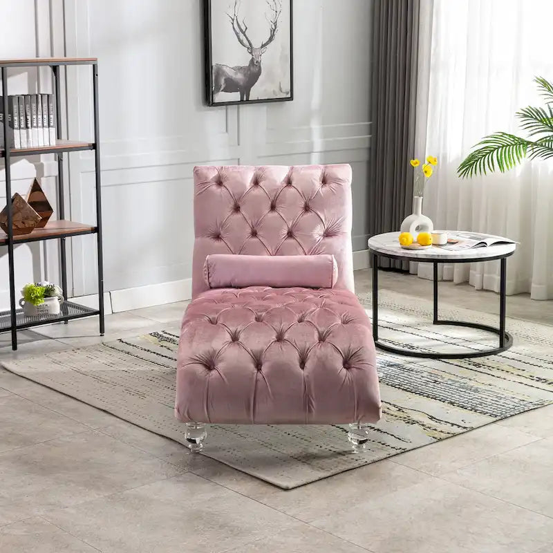 Chaise longue inclinable en velours capitonnée avec oreiller et pieds en acrylique