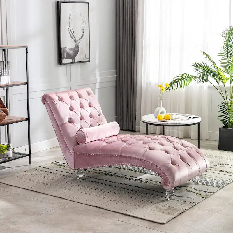 Chaise longue inclinable en velours capitonnée avec oreiller et pieds en acrylique