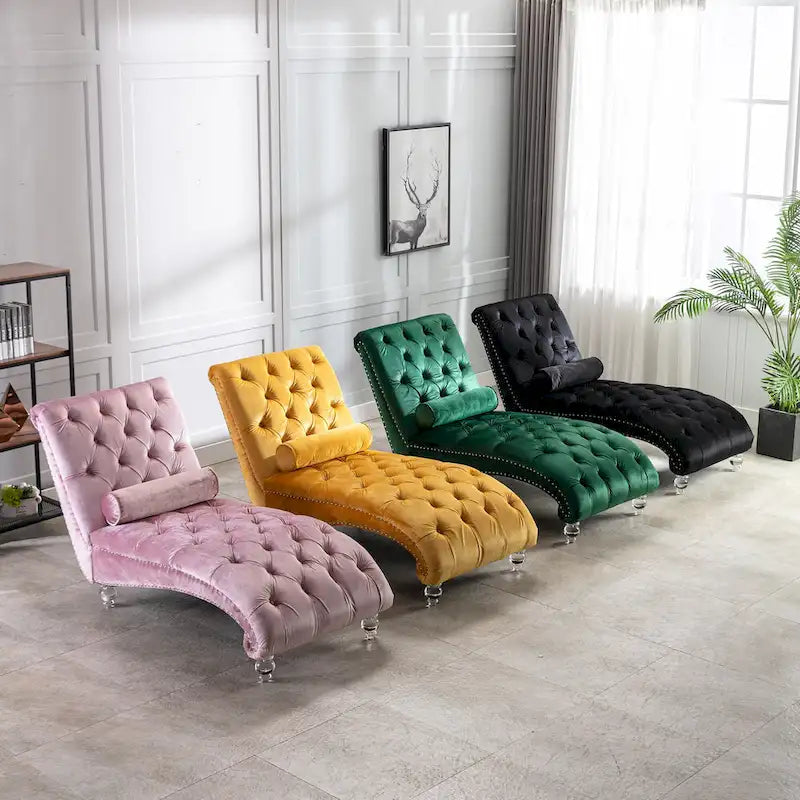 Chaise longue inclinable en velours capitonnée avec oreiller et pieds en acrylique