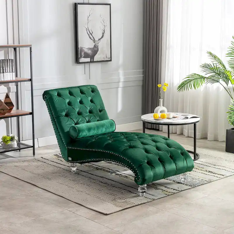 Chaise longue inclinable en velours capitonnée avec oreiller et pieds en acrylique