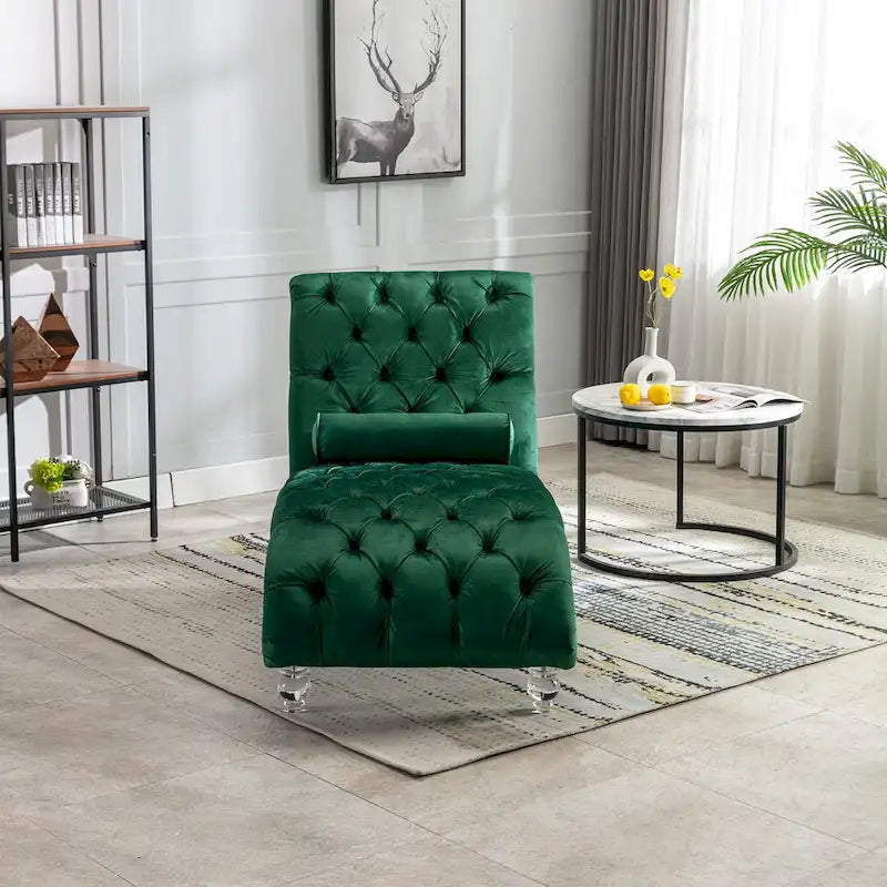 Chaise longue inclinable en velours capitonnée avec oreiller et pieds en acrylique