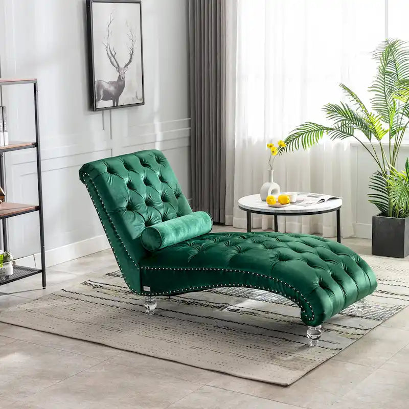 Chaise longue inclinable en velours capitonnée avec oreiller et pieds en acrylique