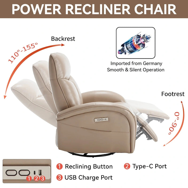 Fauteuil inclinable électrique pivotant et à bascule avec soutien lombaire, degré de pivotement max. de 270, ports USB et Type-C