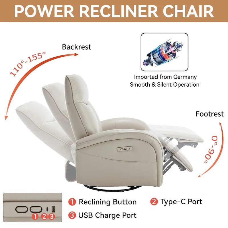 Fauteuil inclinable électrique pivotant et à bascule avec soutien lombaire, degré de pivotement max. de 270, ports USB et Type-C