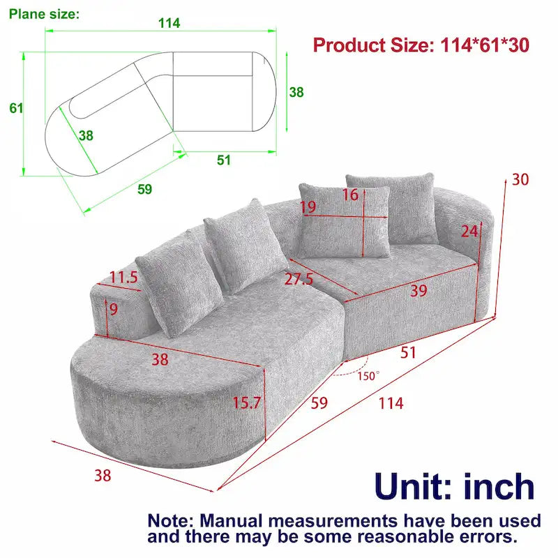 114 Canapé d'angle en chenille Cloud avec assise très profonde, 4 coussins décoratifs et conception sans assemblage