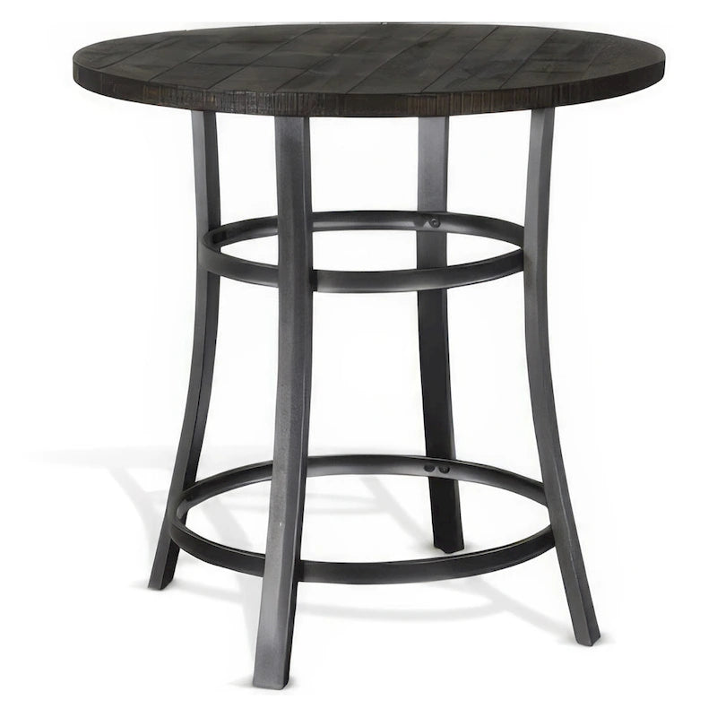 Table hauteur comptoir ronde 36 po, acajou brun foncé avec métal