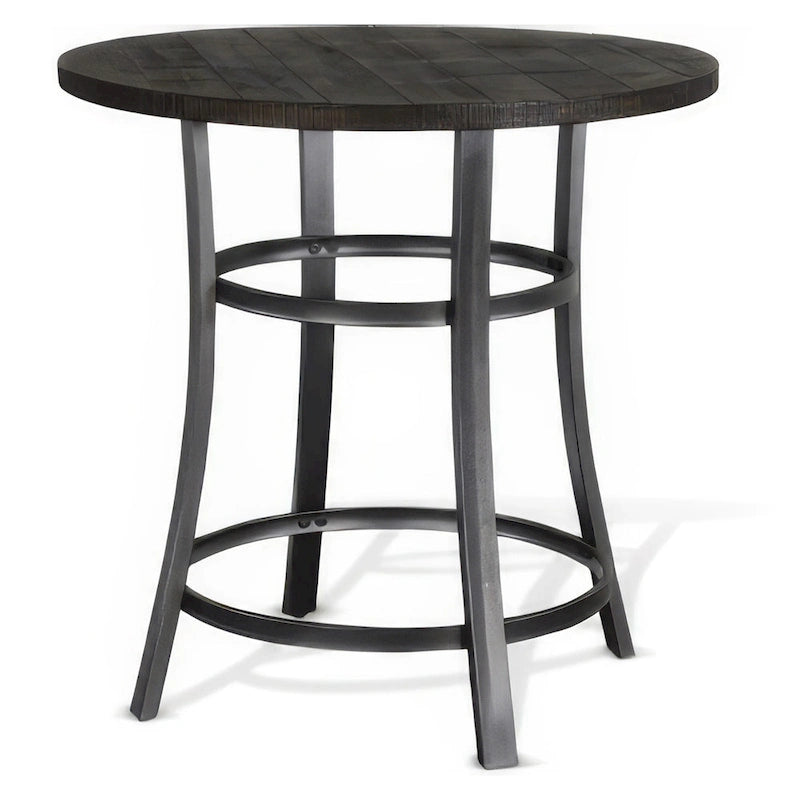 Table hauteur comptoir ronde 36 po, acajou brun foncé avec métal