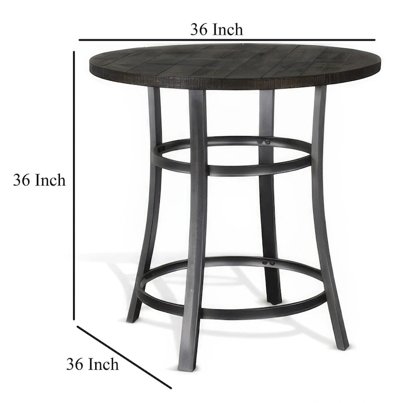 Table hauteur comptoir ronde 36 po, acajou brun foncé avec métal