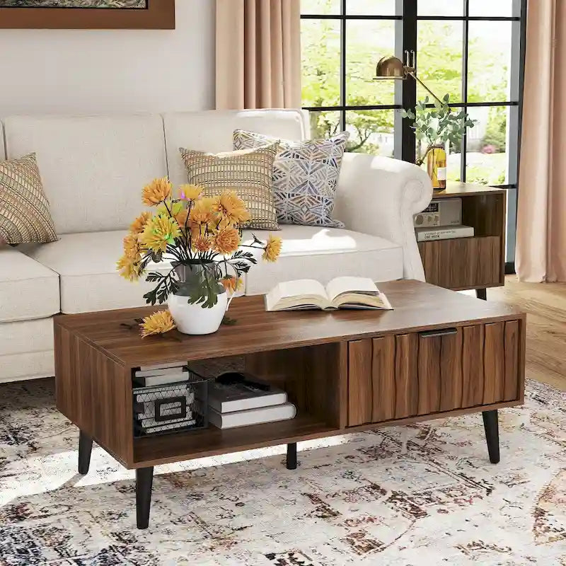 Table basse rectangulaire moderne du milieu du siècle à 2 tiroirs avec rangement - 120 L x 60 l x 45 H cm