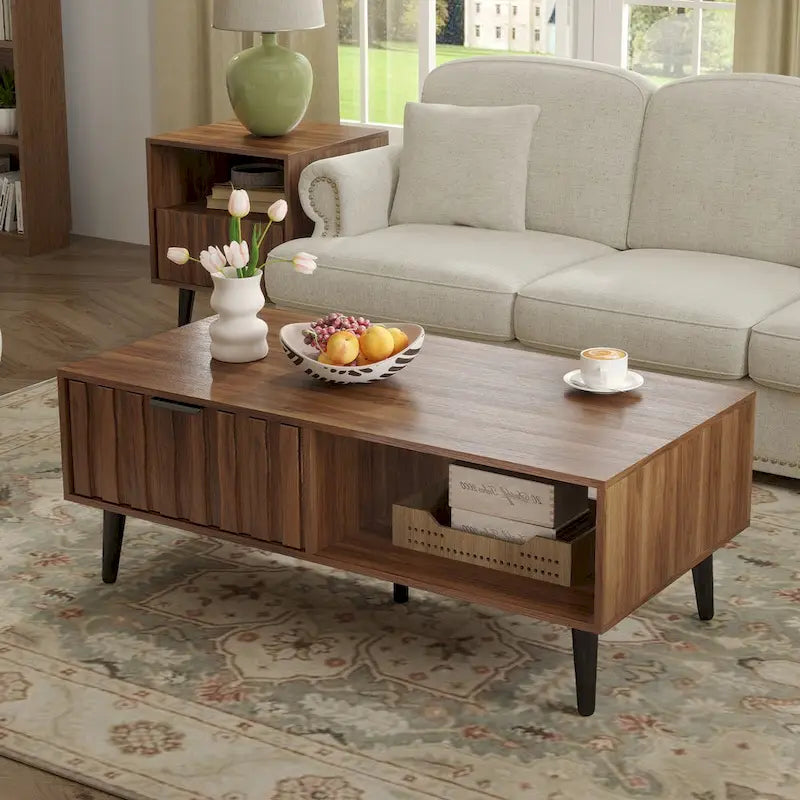 Table basse rectangulaire moderne du milieu du siècle à 2 tiroirs avec rangement - 120 L x 60 l x 45 H cm