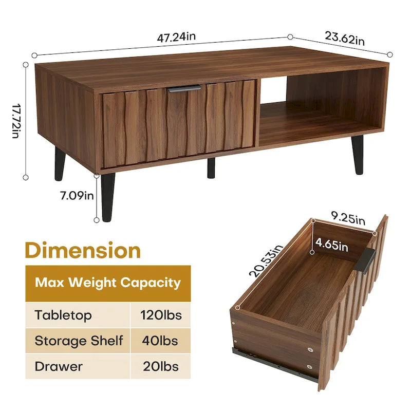 Table basse rectangulaire moderne du milieu du siècle à 2 tiroirs avec rangement - 120 L x 60 l x 45 H cm