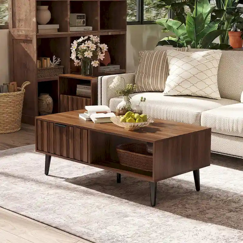 Table basse rectangulaire moderne du milieu du siècle à 2 tiroirs avec rangement - 120 L x 60 l x 45 H cm