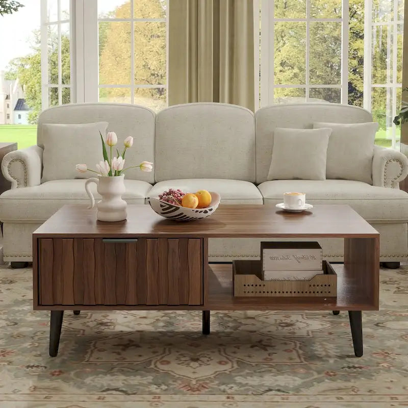 Table basse rectangulaire moderne du milieu du siècle à 2 tiroirs avec rangement - 120 L x 60 l x 45 H cm