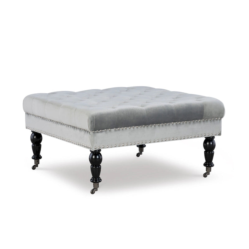 Pouf carré capitonné en velours gris