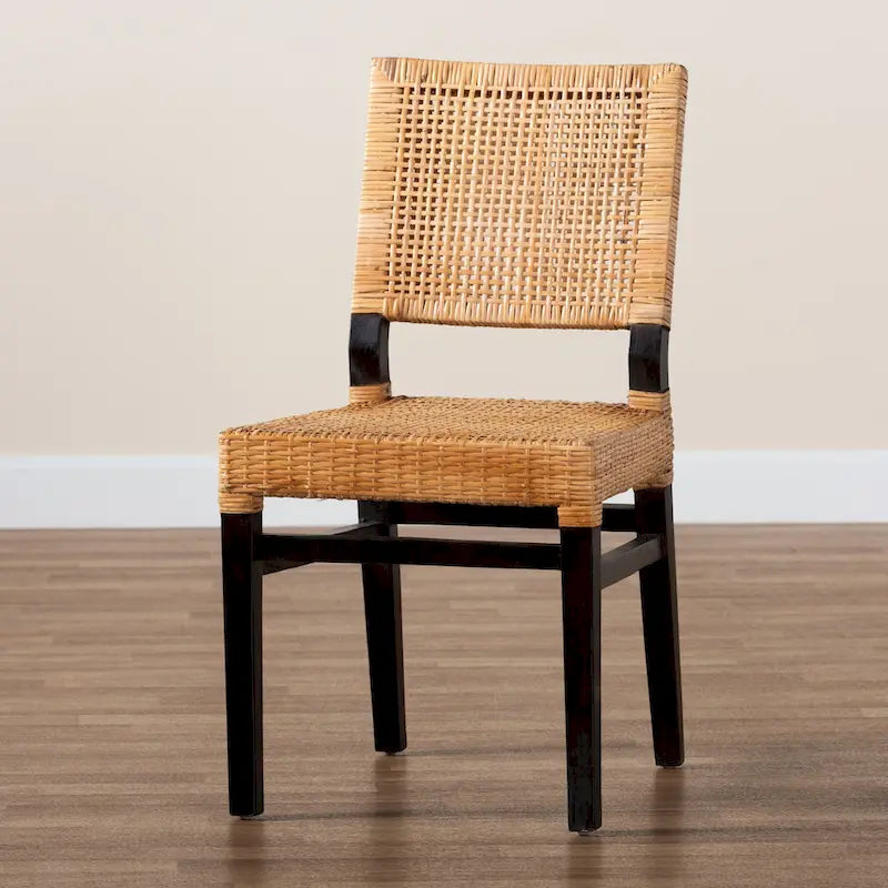 Chaise de salle à manger moderne bohème en rotin naturel marron et bois d'acajou marron expresso