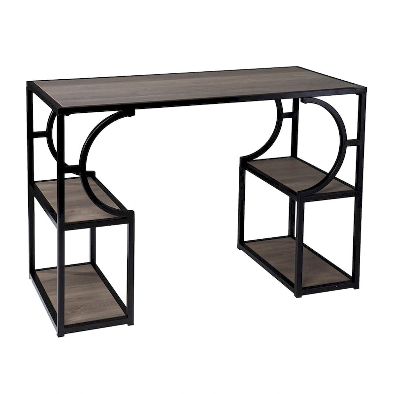 Bureau en bois de 112 cm avec 4 étagères ouvertes, naturel et noir