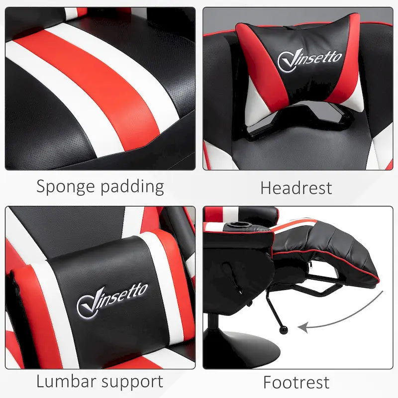 Chaise de jeu de course avec dossier inclinable et repose-pieds, appuie-tête et porte-gobelet