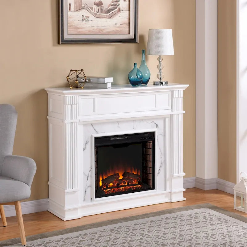 Cheminée électrique avec manteau en faux marbre et rangement multimédia