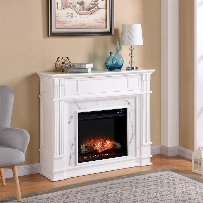 Cheminée électrique avec manteau en faux marbre et rangement multimédia