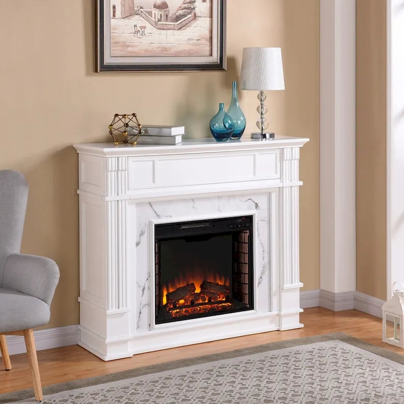 Cheminée électrique avec manteau en faux marbre et rangement multimédia