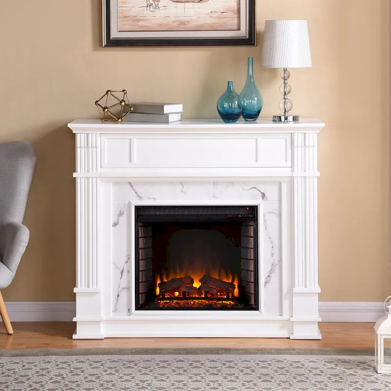 Cheminée électrique avec manteau en faux marbre et rangement multimédia