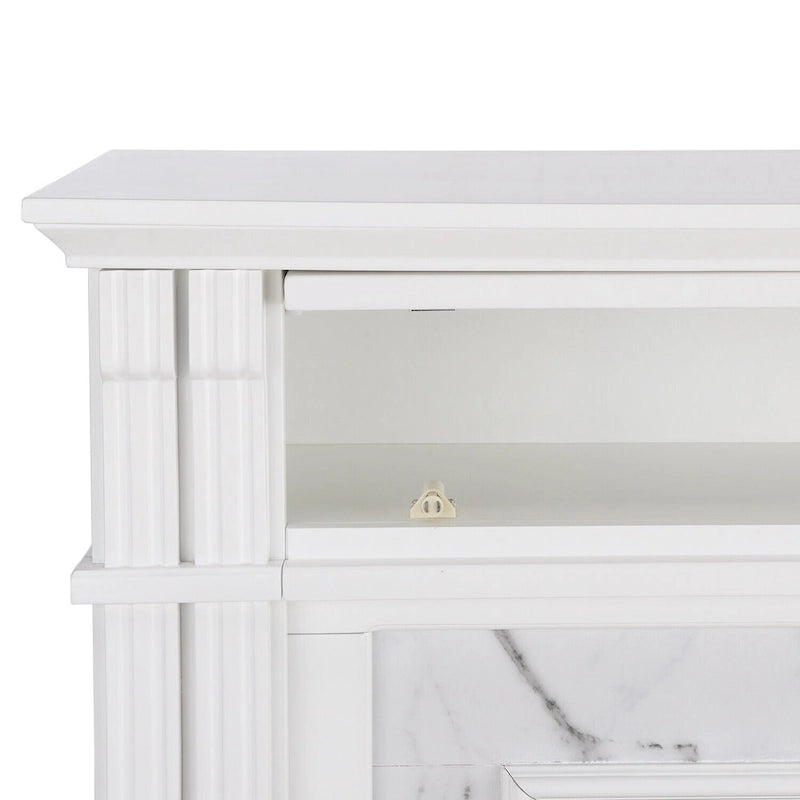 Cheminée électrique avec manteau en faux marbre et rangement multimédia