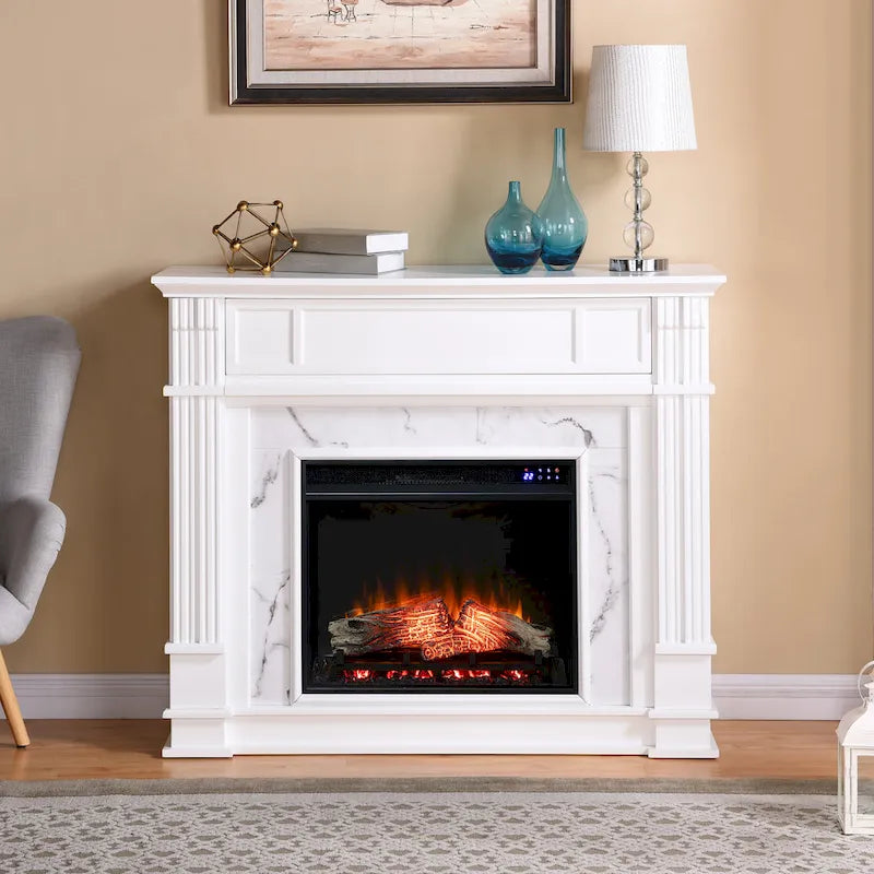 Cheminée électrique avec manteau en faux marbre et rangement multimédia