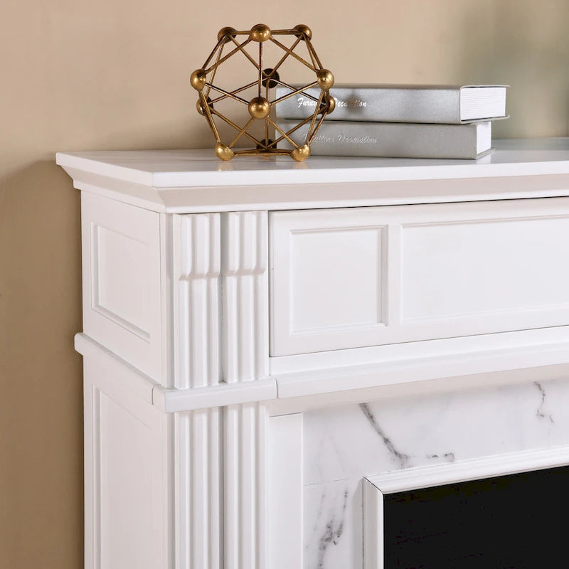Cheminée électrique avec manteau en faux marbre et rangement multimédia