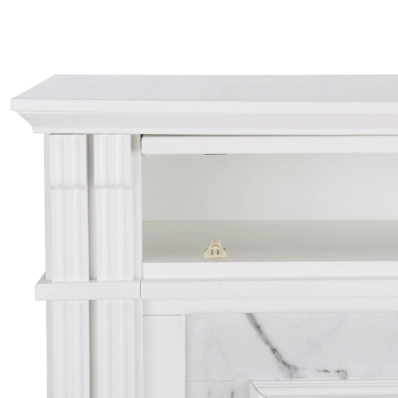 Cheminée électrique avec manteau en faux marbre et rangement multimédia