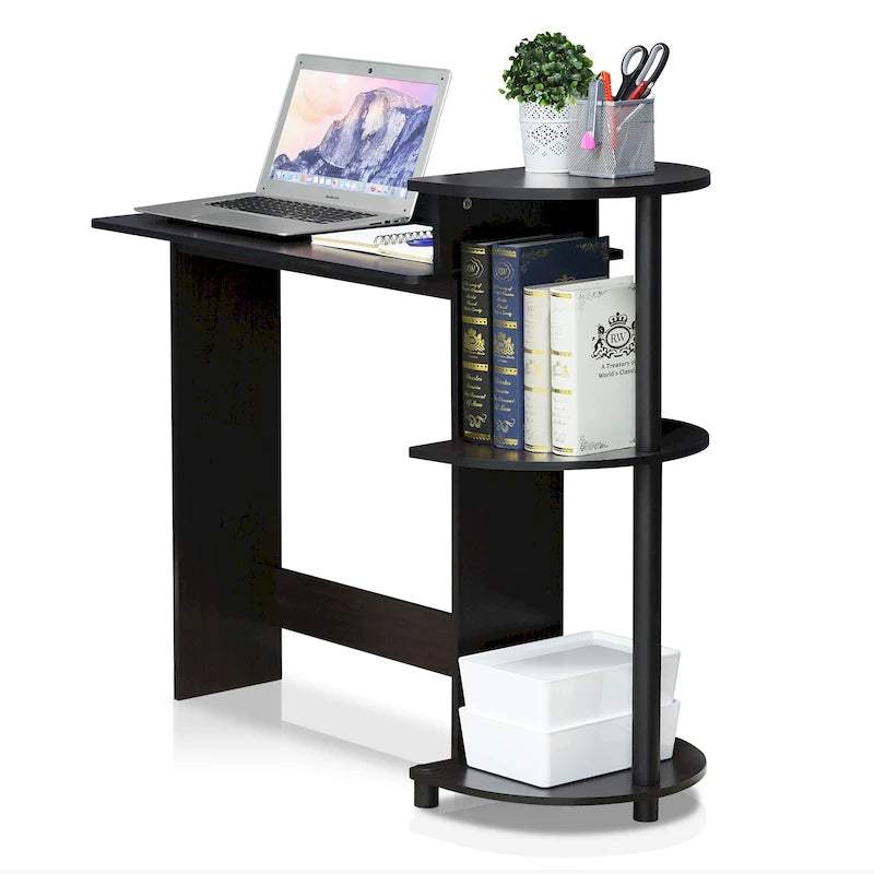 Bureau d'ordinateur compact moderne en bois avec étagères