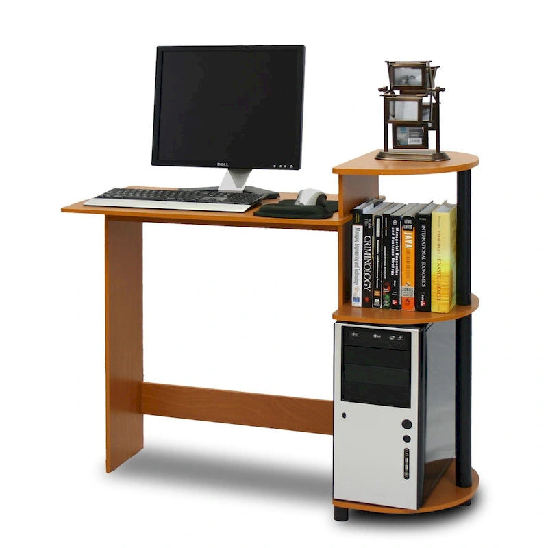 Bureau d'ordinateur compact moderne en bois avec étagères