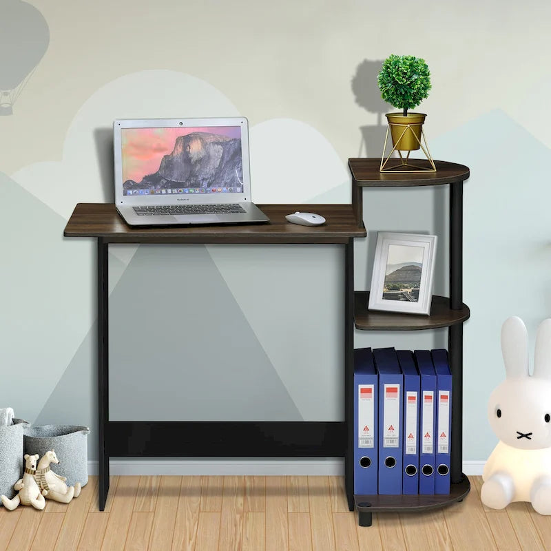 Bureau d'ordinateur compact moderne en bois avec étagères