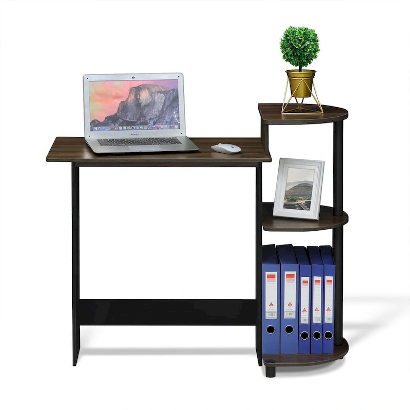Bureau d'ordinateur compact moderne en bois avec étagères