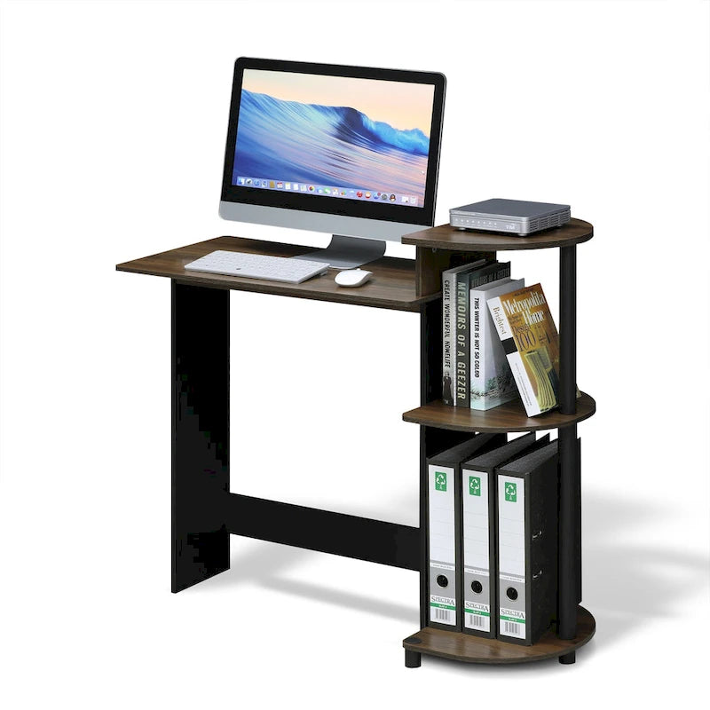 Bureau d'ordinateur compact moderne en bois avec étagères