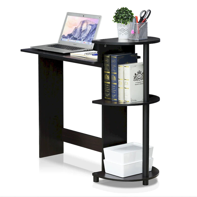 Bureau d'ordinateur compact moderne en bois avec étagères