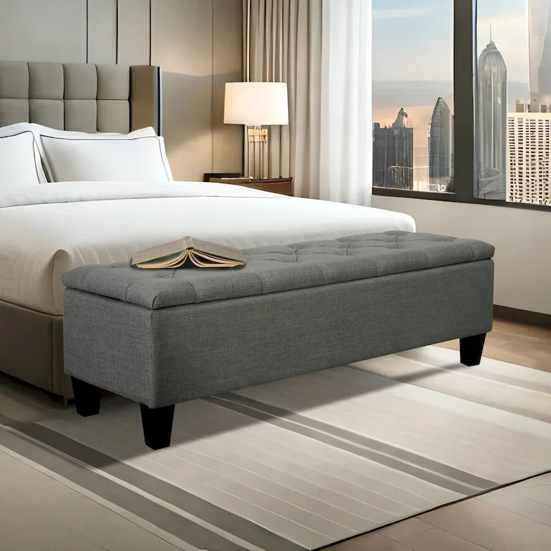 Banc de rangement capitonné en tissu avec couvercle à charnière