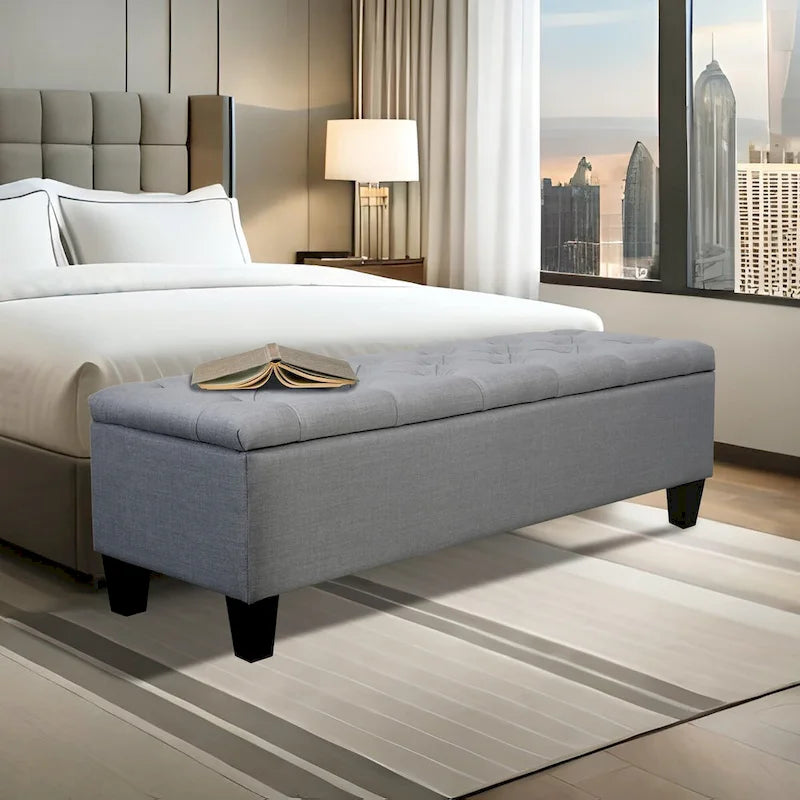 Banc de rangement capitonné en tissu avec couvercle à charnière