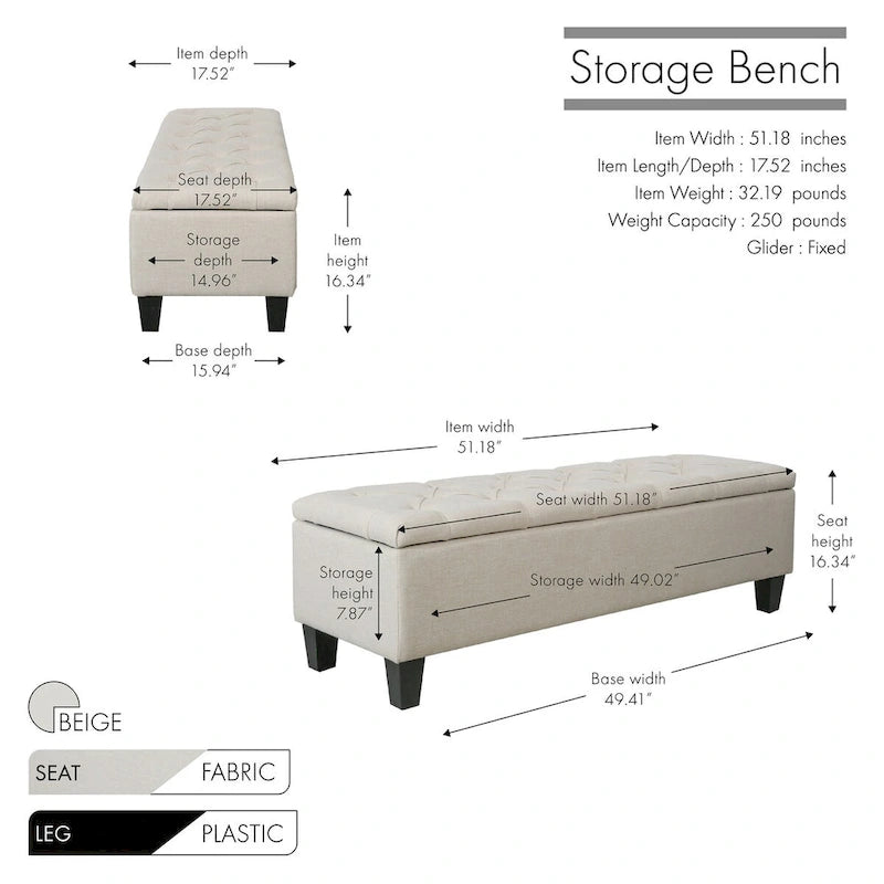 Banc de rangement capitonné en tissu avec couvercle à charnière