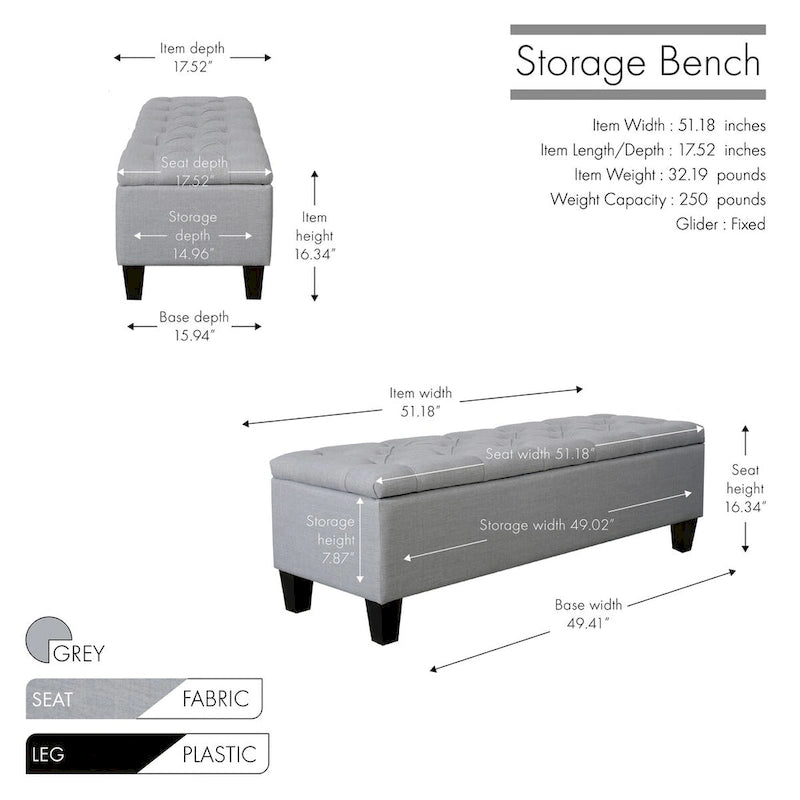 Banc de rangement capitonné en tissu avec couvercle à charnière